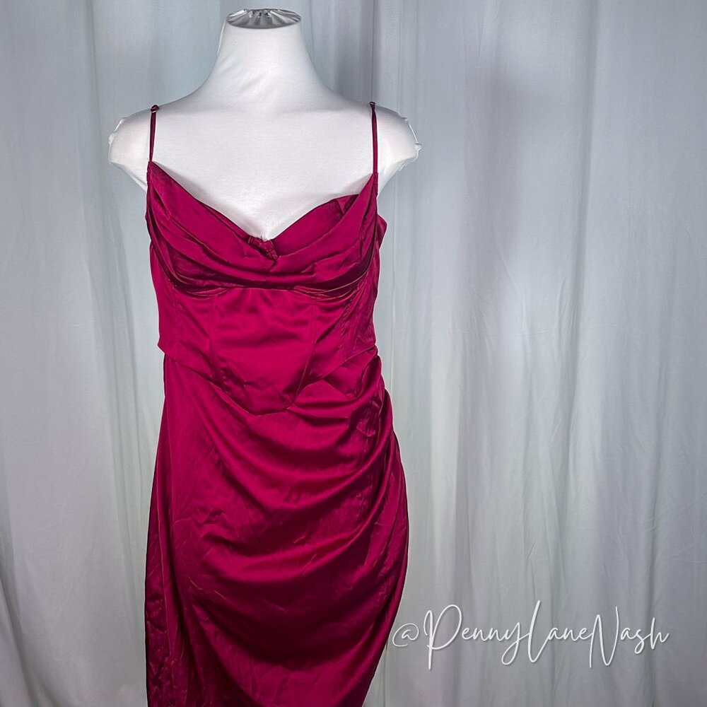 Oh Polly Draped Neck Asymmetric Corset Midi Dress in Wine - Picture 2 of 14
